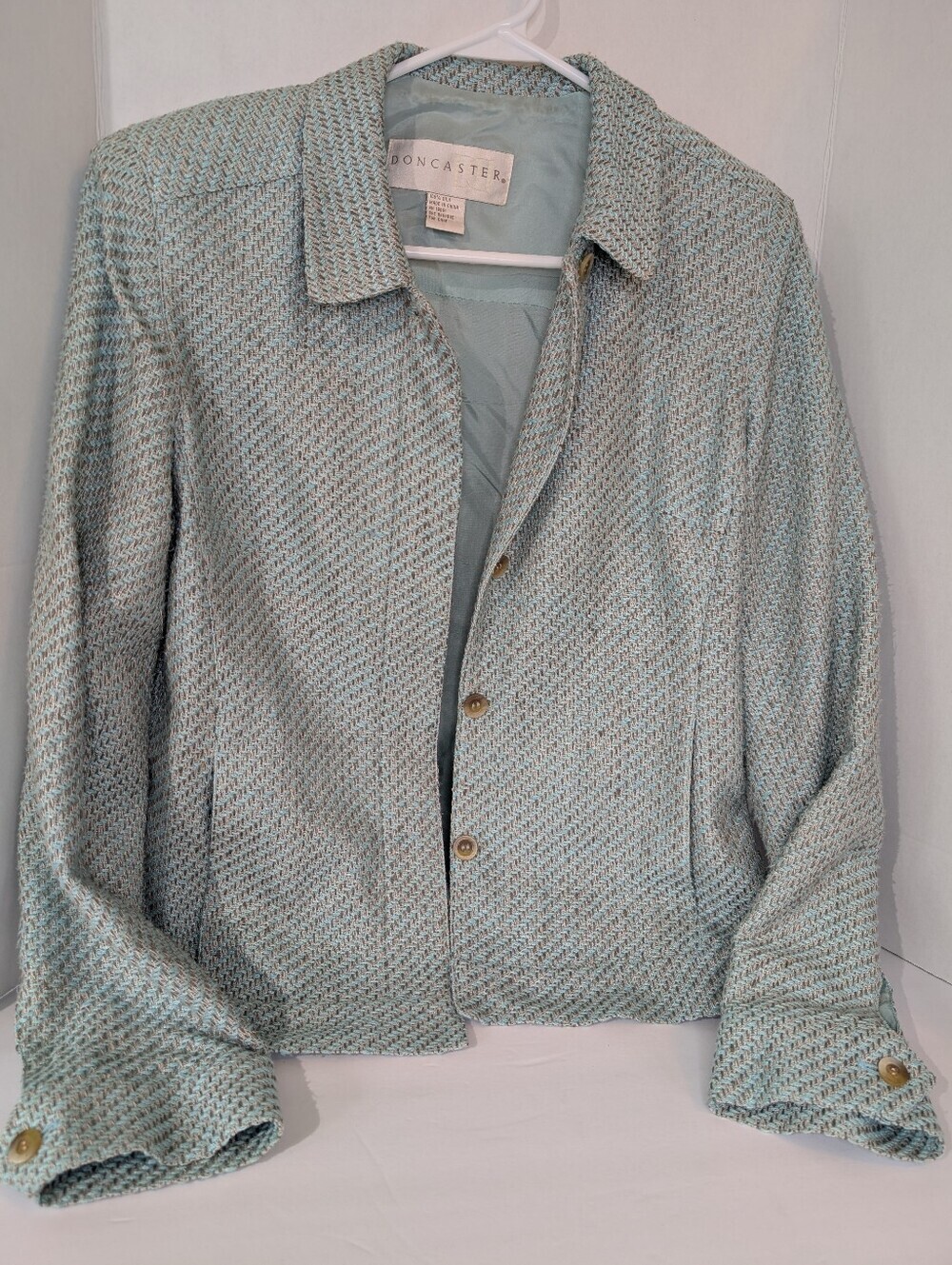 VTG 90s Doncaster Mint Green/ Aqua Silk Tweed Power Blazer Jacket Sz 6